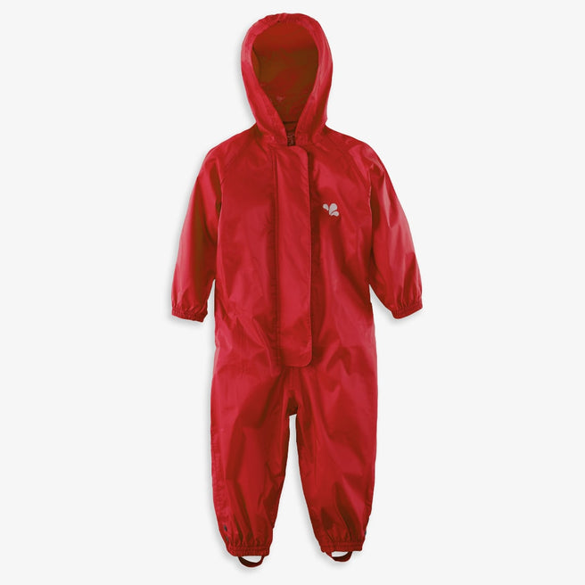 Red Originals Waterproof Puddle Suit. A red, hooded, waterproof all-in-one suit for children, designed to keep them dry in wet conditions.